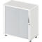 Small white office cabinet with a fluted front and handle. Standing on small feet.
