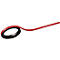 Rolled red strip laying over a black strip.