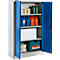 Open stalen kast met blauw frame en schappen. Er staan rollen, canisters, dozen en een gereedschapskist op de planken.