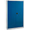 Blauwe kast met twee deuren, zwarte handgreep en zilveren frame.