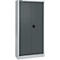 Gray steel cabinet with double doors and black handle.