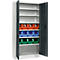 Open metal cabinet with shelves filled with colored sorting bins. The left door is open.