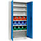 Open steel cabinet with colorful storage boxes; orange, blue, green. The cabinet is white with blue doors and shelves.