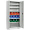 Gray metal cabinet, open door. Inside, blue, green, and orange containers on various shelves.