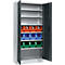Cabinet with open doors filled with shelves and colorful storage boxes.