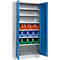 An open steel cabinet with blue doors, shelves, and colorful storage bins, orange, blue, and green.
