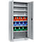 Gray steel cabinet with open doors, filled with colorful storage boxes.