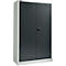 Gray cabinet with two doors and black handle.