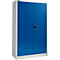 A blue metal cabinet with white sides stands against a white background. The cabinet has two doors and a black handle.