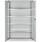 An open gray metal cabinet with four shelves. Doors are open.