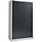 Grey metal cabinet with double doors, black handle, against neutral background.