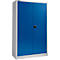 Blue filing cabinet with grey frame, black handle and double doors.