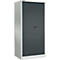 Gray steel cabinet with two doors and silver handle.