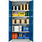 Blue-gray cabinet, open with various stored materials. Rolls, containers, liquids.