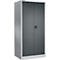 Grey steel cabinet with double doors and handle.