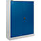 Stahlschrank mit blauen Türen und weißem Rahmen. Ein schwarzer Griff ist in der Mitte der Türen angebracht.