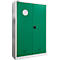 Groene kast met dubbele deuren, wit frame en sticker voor gevaarlijke stoffen.