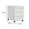 White, rolling office container with three drawers, key and dimensions 595x580x432 mm.