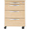 A desk filing cabinet with four drawers. The drawers have silver handles, and the piece of furniture stands on castors.