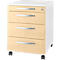 Rolling cabinet with four drawers. The drawers are light-colored with silver handles. On casters.