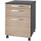 A gray office rolling file cabinet with three wooden drawers and metal handles. It stands on small castors.