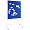 Blue pinboard with various notes and papers, stands on a white frame with wheels.