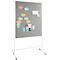 Grey pinboard on white frame, with colorful notes and sticky notes. On wheels.
