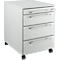 White, three-drawer office container with wheels and silver handles.