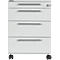 White rolling cabinet with four drawers and silver handles. Standing on casters, lock on the top right.