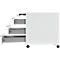 White rolling file cabinet with three open drawers. Drawers gray, cabinet on wheels.