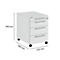 White mobile pedestal with four drawers, dimensions in mm. A lock at the top, silver handles.