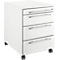 White mobile file cabinet with three drawers, silver handles, and wheels.