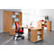 Office with desk, chair, file cabinets. Red and black chair, light wood, window in the background.