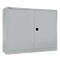Gray steel cabinet with two doors and a black lock.