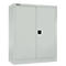 Gray steel cabinet with two doors and black handle, on a white background.