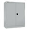 A grey steel cabinet with two doors and a black handle.