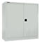 Gray steel cabinet with two doors and a black handle. A company logo is on the upper left corner.