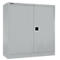 Grey steel cabinet with two doors, black handle. Text at the top.
