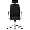 Black office chair with adjustable headrest, armrests and wheels. The frame is silver.