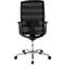 Black office chair from the back, mesh back, armrests, and chrome-plated base with rollers.