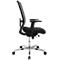 Office chair, black fabric, mesh back, armrests, chrome base with castors.
