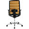 Back view of an office chair with a golden mesh back. Black frame, armrests, and base. Five castors, silver base.