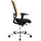 Office chair with yellow mesh back, black seat, and adjustable armrests. Chrome base and casters.