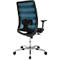 View of an ergonomic office chair. The chair has a blue mesh back and a black seat. The frame is silver.