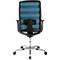 The chair has a blue mesh back and a black structure. There is a device under the backrest to adjust the height.