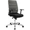 Office chair with gray mesh back, black seat and armrests, silver base and castors.