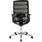 Office chair, rear view. Black mesh back, armrests, chrome base, and wheels.