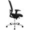 Profile view of a black office chair with mesh back, armrests, and chrome base.