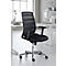 Black office chair with mesh back in front of light background. The chair has armrests and castors, in the background windows and desk.