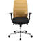 Office chair with yellow mesh back, black seat and armrests, chrome base.